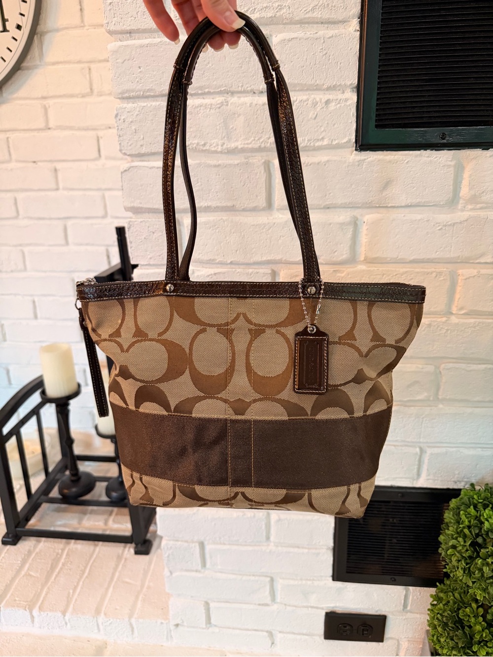 Vintage Coach Brown Signature Canvas Tote with Dark Brown Leather Trim